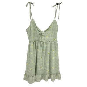 Cottagecore Daisy Babydoll Mini Dress Size M Green Gingham Floral Coquette Fairy